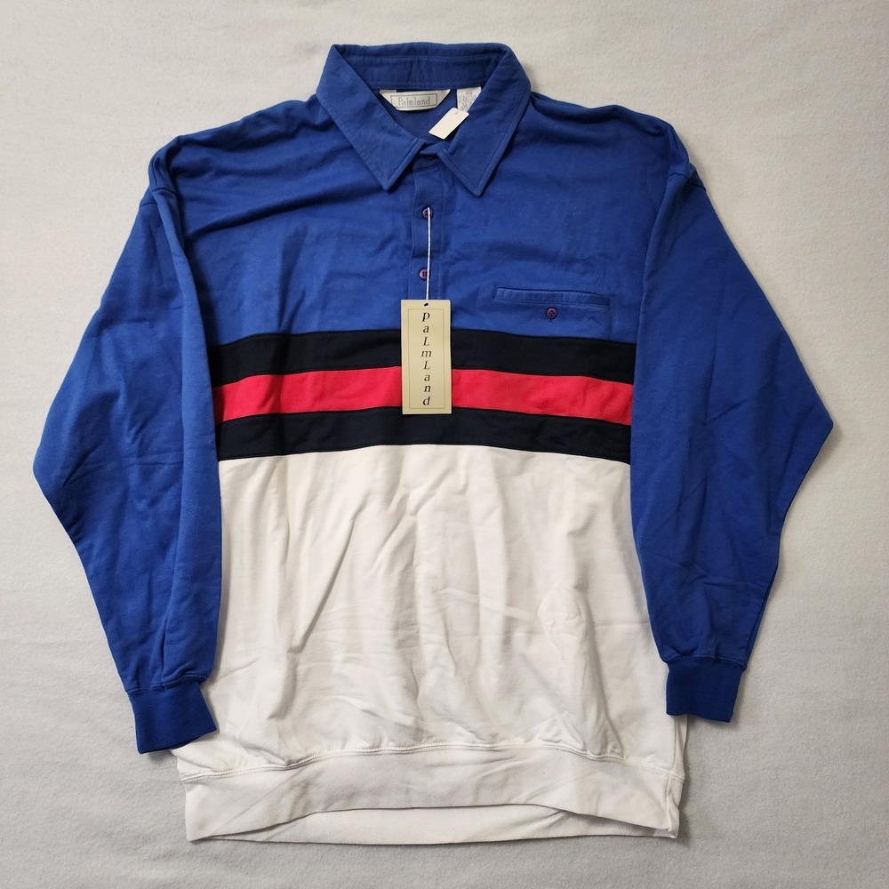 Vintage 80s Palmland Polo Shirt Men 1XB Deadstock Colorblock Striped Long Sleeve